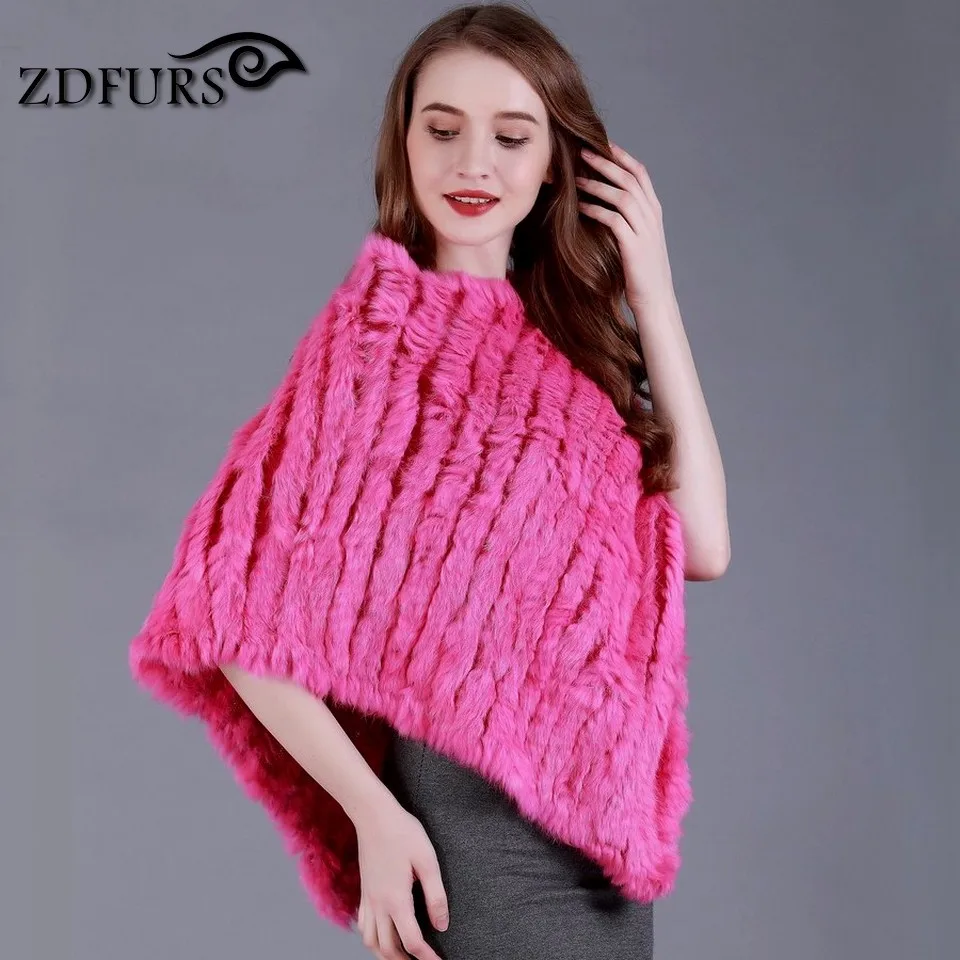 ZDFURS * autumn Winter women Genuine rabbit fur Poncho triangular fur shawl real Fur Wrap  pullovers  knitted rabbit cloak cape