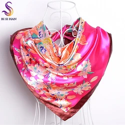 [BYISFA] Ladies Silk Scarf Wraps Europe Style Design Satin Big Square Scarf Printed New Brand Women Blue Silk Scarf  90*90cm