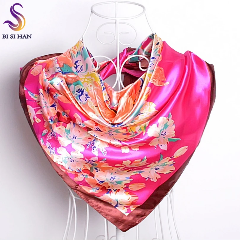 [BYISFA] Damski jedwabny szalik Wraps Europe Style Design Satin Big Square Scarf Printed New Brand Women Blue Silk Scarf 90 * 90cm