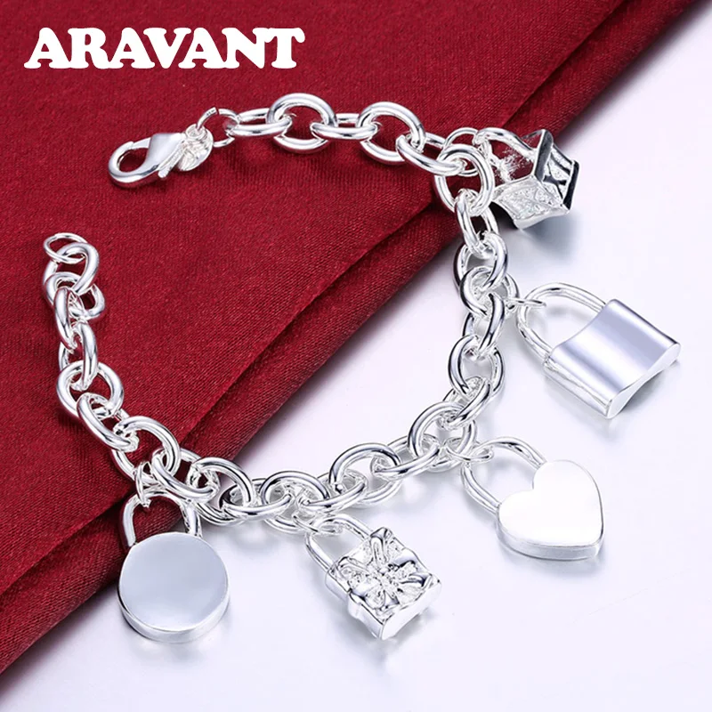 

925 Silver Lock Charm Bracelets Bangles For Women Men Wedding Jewelry