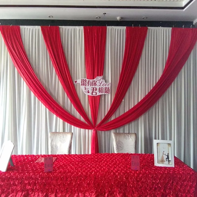 Luxury white wedding backdrop banquet curtain with red swags for wedding decoration 3x6 meter