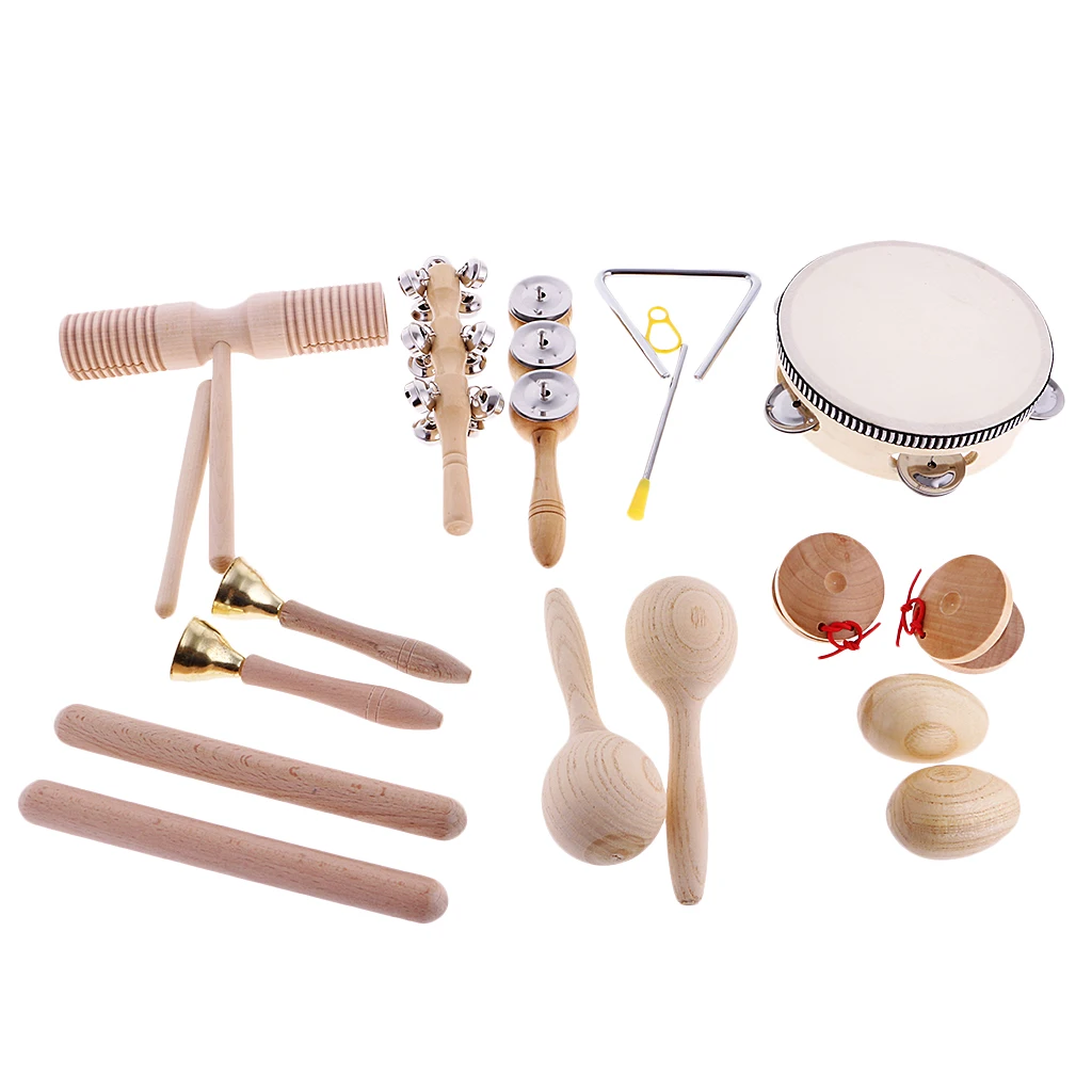 Kid's Hand Percussion Set Shaker Bell Sand Maraca Eggs Hammer Shaker Sound Guiro Rhythm Stick Wooden Eudcational Toys