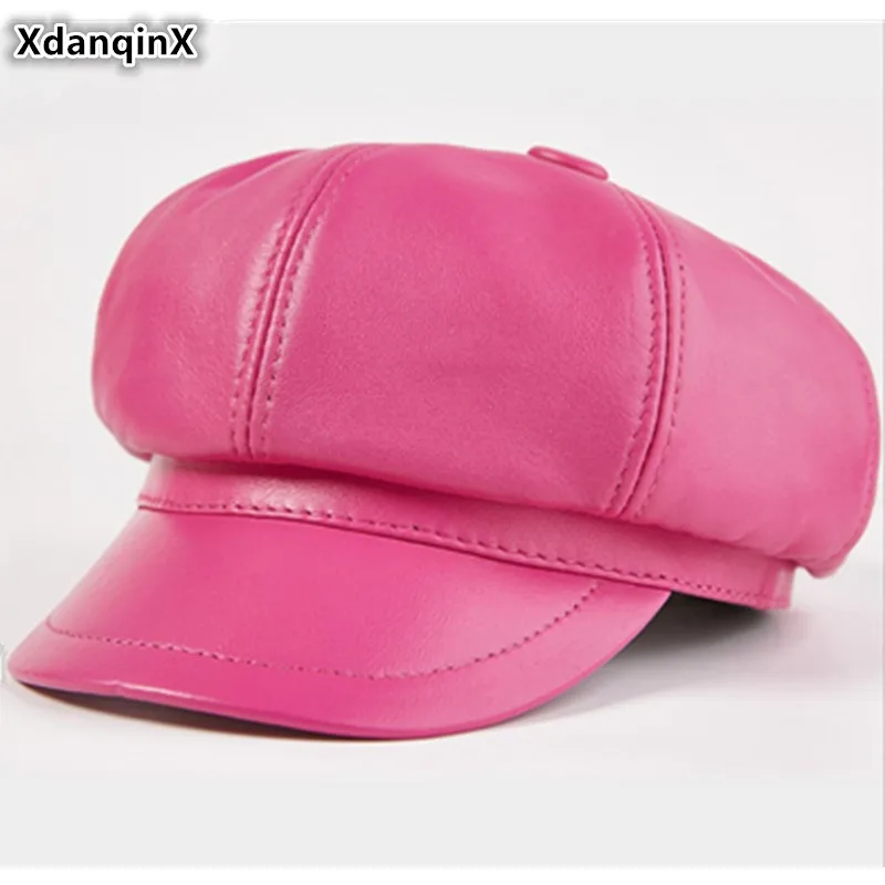 XdanqinX New Autumn Women's Sheepskin Leather Newsboy Caps Elegant Lady Genuine Leather Hat Simple Fashion Young Women Trend Cap