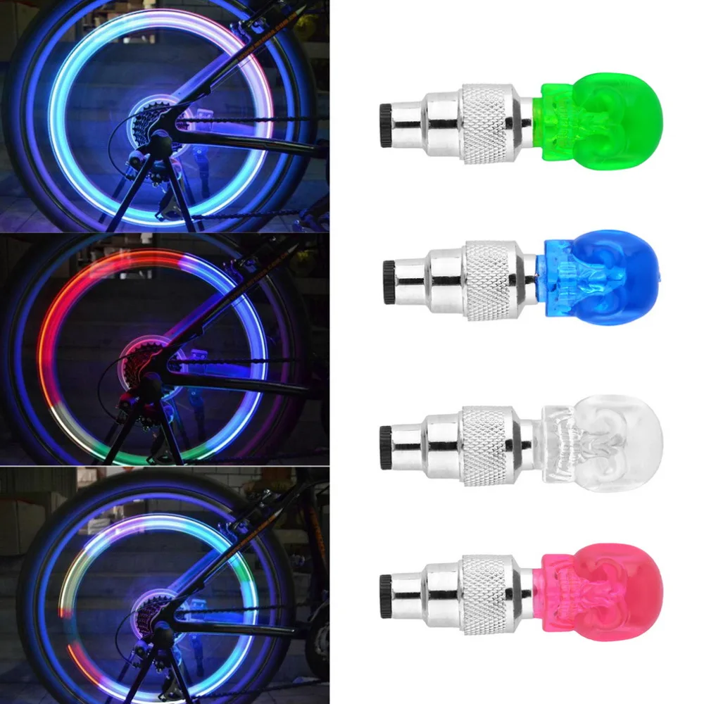 2Pcs New 4 Colors Wheel Tire Valve Sealing Cap Skull Shape LED Light Lamp Vibration On/ Off Fit Bicycle Motorbike Car Universal