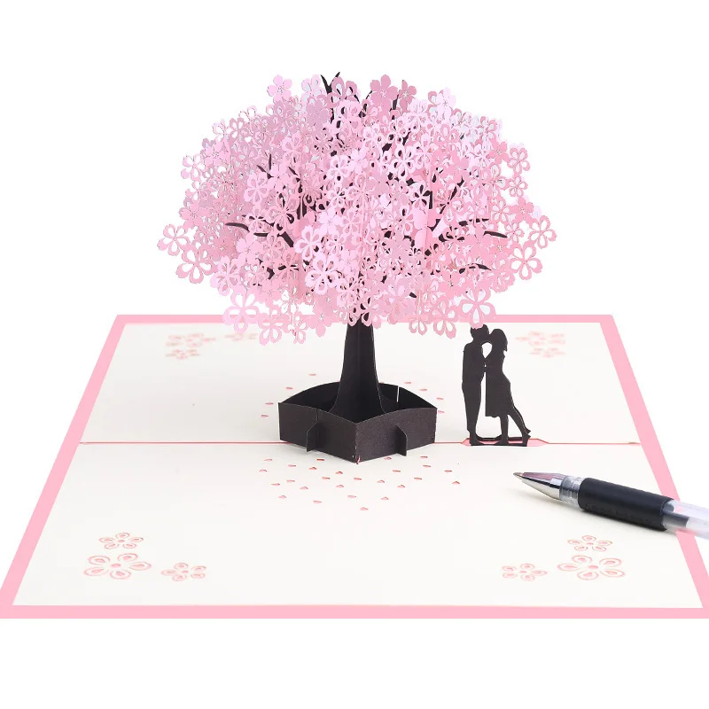 5pcs/lot Pink romantic valentine's day 3D stereo greeting card blessing Love wedding gift card cherry tree paper handmade card