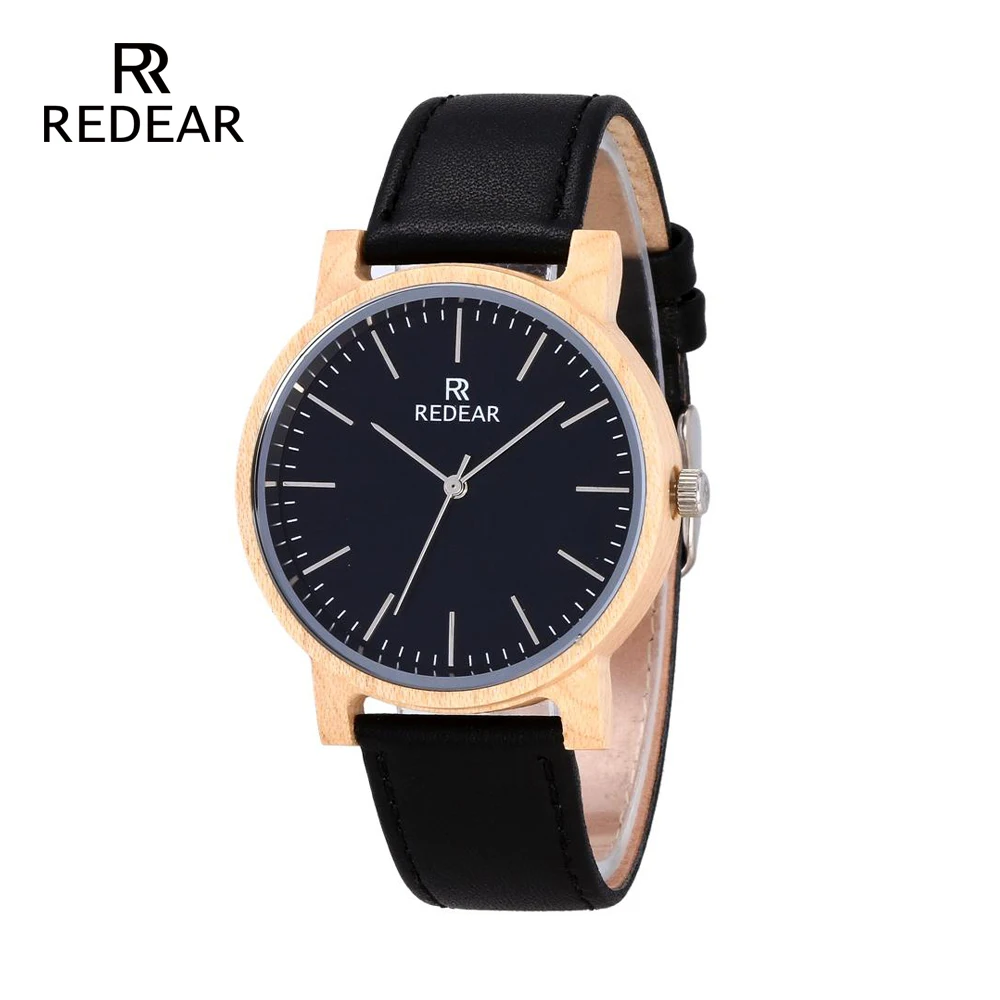 

REDEAR Black Wood Watch Man Genuine Cowhide Leather Watch Band Top Brand Luxury Sports Quartz Wristwatch High-end men's gifts