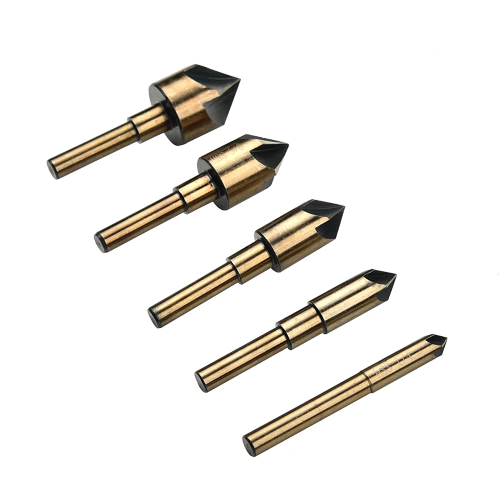 5Pcs HSS Inch Roasted Yellow Round Handle Five-blade Chamfer Woodworking Reaming Deburring Bit Five-edge Chamfering Machine