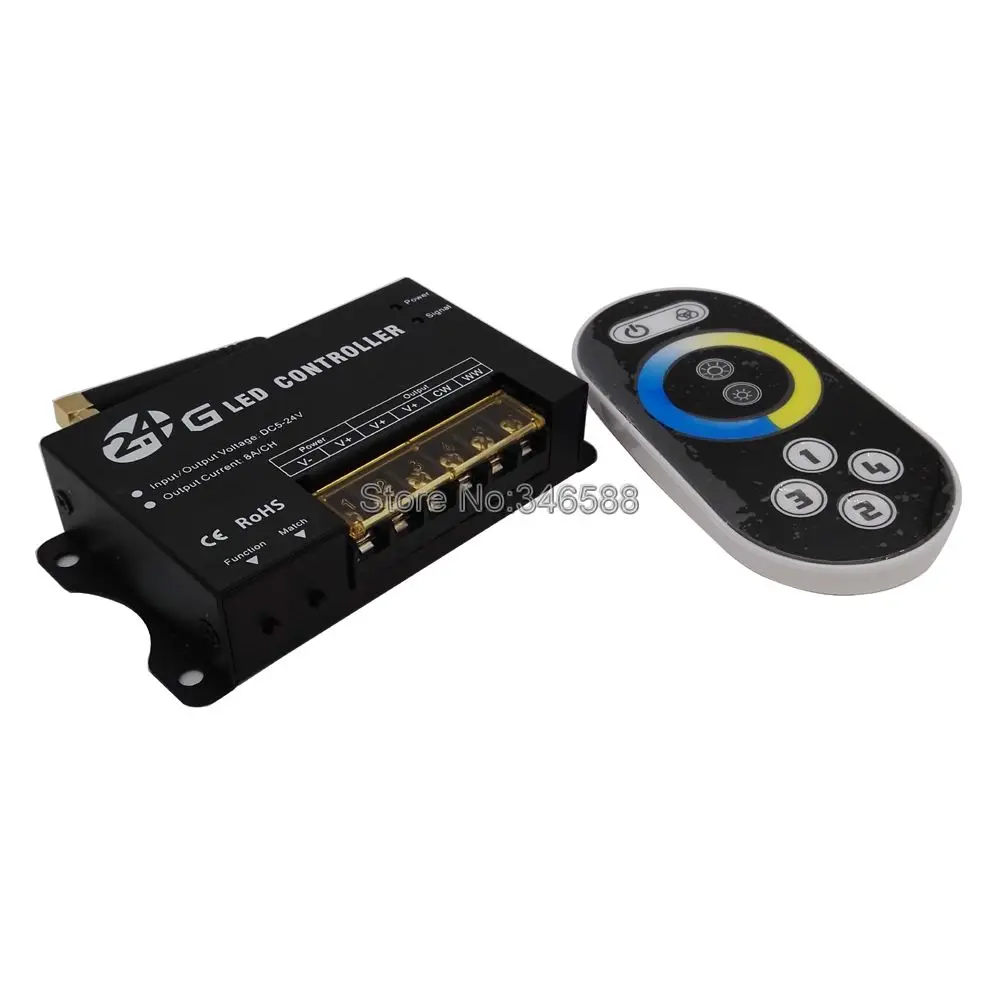 DC5-24V 8Ax 2 Channel Color Temperature Adjustable Controller RF202 with 2.4GHz RF Touch Remote for Dual White(CW/WW) LED Strips