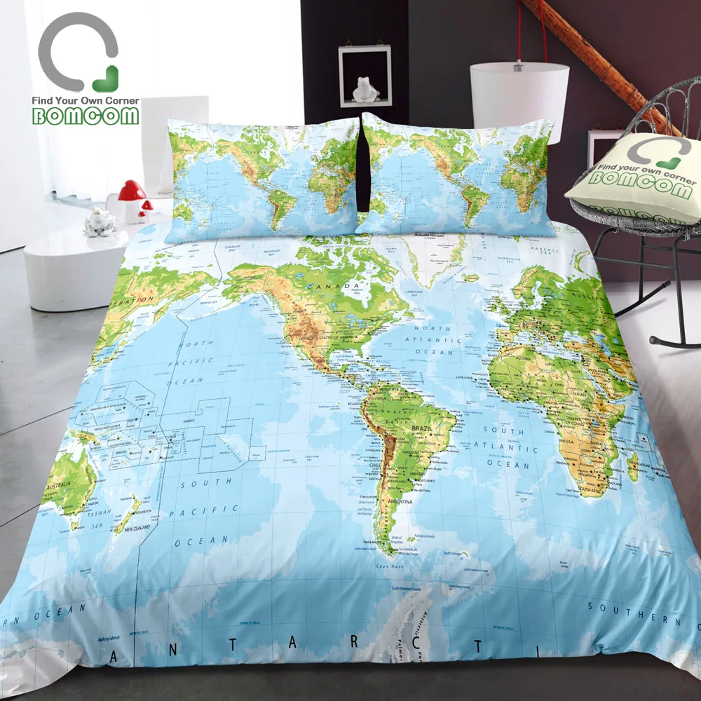 

BOMCOM 3D Digital Printing Colored World Map Detailed World Map Borders Countries Roads Cities Duvet Cover Sets 100% Microfiber