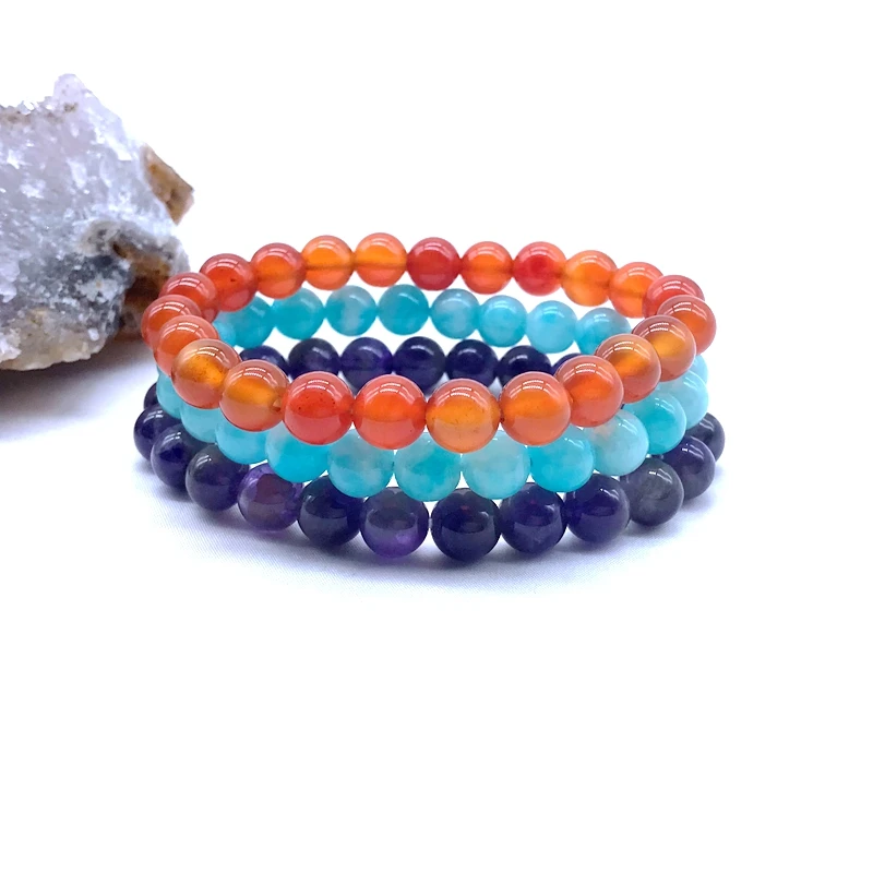 

3pcs/Set Bracelet Natural Stone Beads 8 mm Beaded Men Women Elastic Bangle Amazonite Carnelian Amethysts Drop Shipping