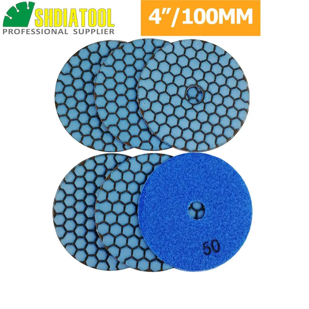 DIATOOL 6pcs Dia 4inch Resin Bond Diamond Flexible Polishing Pads Grit #50 100mm Dry Stone Sanding Disc Granite Marble Ceramic