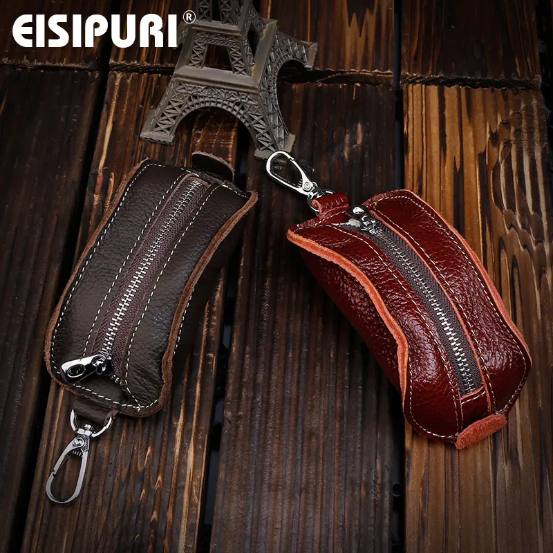 EISIPURl 100% Genuine Leather Key Wallet Pouch Business Men Door Car Key Case Bag Holder Male Keychain Key Organizer Housekeeper