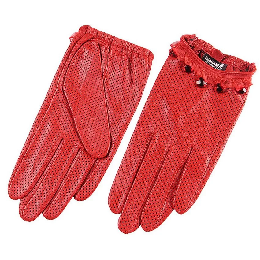 Top Fashion Women Gloves Wrist Lace Beaded Comfortable Perforated Genuine Leather Solid Goatskin Glove Free Shipping L006N