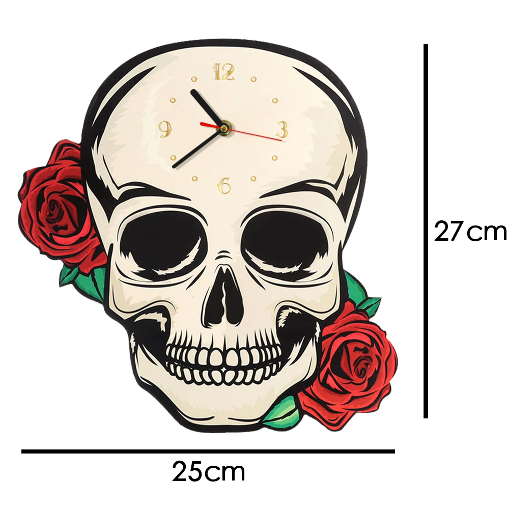 Decorative Fantasy Skull with Red Roses Shaped Wall Clock Skull Head Clock Halloween Hanging Horror Wall Art Modern Wall Watch