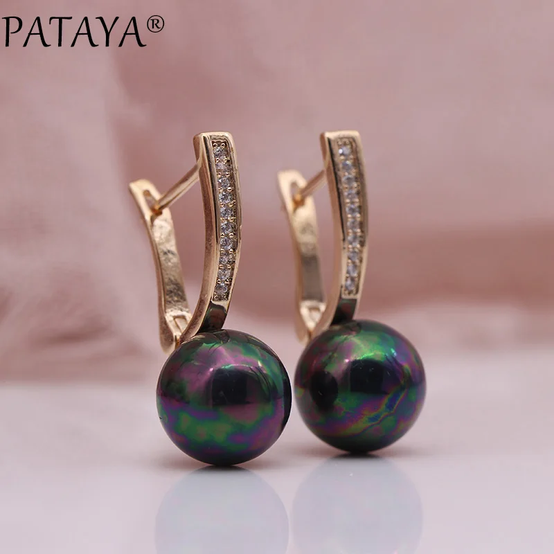 PATAYA New 585 Rose Gold Color Natural Zircon AB Shell Pearls Long Dangle Earrings Women Wedding Jewelry Round Earring Girl Gift