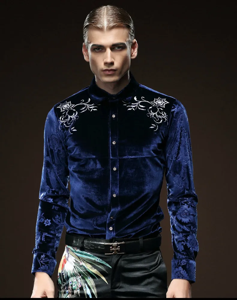 

Free Shipping Fanzhuan New male fashion Men's man embroidered long sleeved solid color blue collar Slim blouse shirt 512058