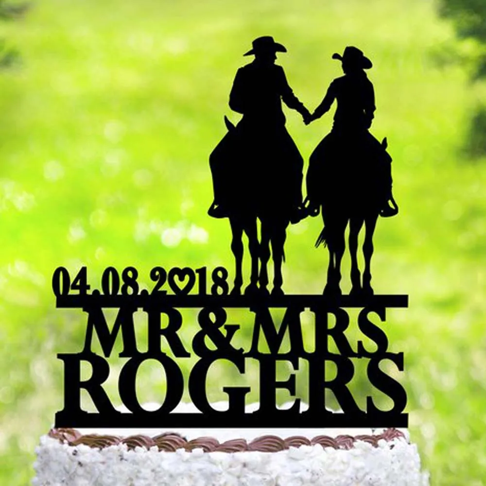 Personalized Bride and Groom with horse cake topper,Country Cowboy cake Topper,Horse Cowboy with Lasso,cake topper with date