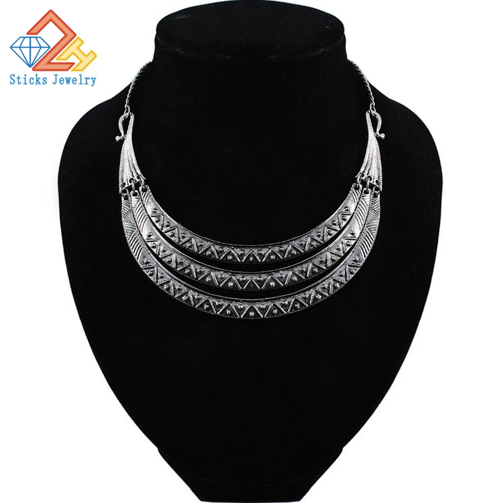 New Luxury Vintage Silver Bronze Three Layer Pendant Maxi Necklaces Women Big Gypsy Choker Statement Necklace