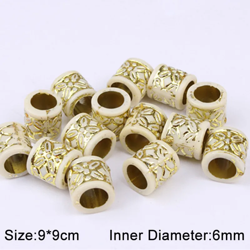 100pcs 6mm Acrylic Dread Dreadlock Beads With Gold Flower Pattern Hair Braid Braiding Tube Ring Cuffs Clips Hair Jewelry Tool