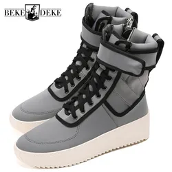 Street Style Silver Leather High-Top Shoes Men Platform Side Zipper Fashion Ankle Boots High Street Casual Shoes Size 45 46