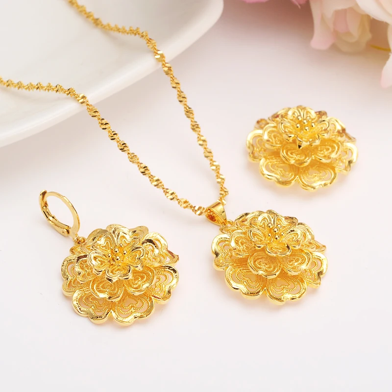 Bangrui Ethiopian Gold Color Flower set Jewelry Pendant Chain Earrings African Bride Wedding Flower Bijoux