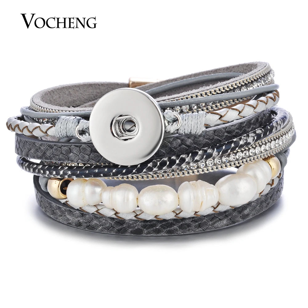 10pcs/lot Vocheng Snap Charms Bracelet Leather Multilayer with Pearl Crystal Magnet Clasp for 18mm Button 3 Colors NN-602*10