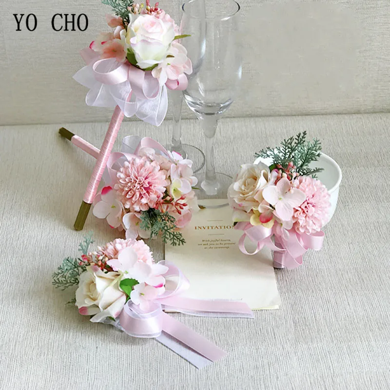 

YO CHO Wedding Accessories Boutonnieres Pink Red Roses Ribbon Silk Corsages Boutonnieres Marriage Wedding Boutonniere for Guests