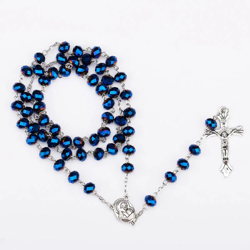 Long Chain Crystal Beads Rosary Necklace Catholic Prayer Rosaries Jewelry for Men Women Stainless Steel Cross Pendant Necklaces