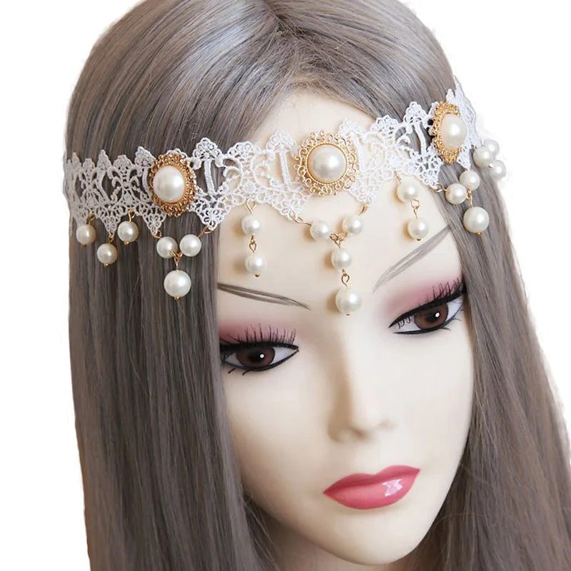 

Chic Womens Faux Pearl Drop Gold Alloy Metal Flower Lace Stretch Elastic Hair Band Headband Hairband Bridal Wedding Accessories