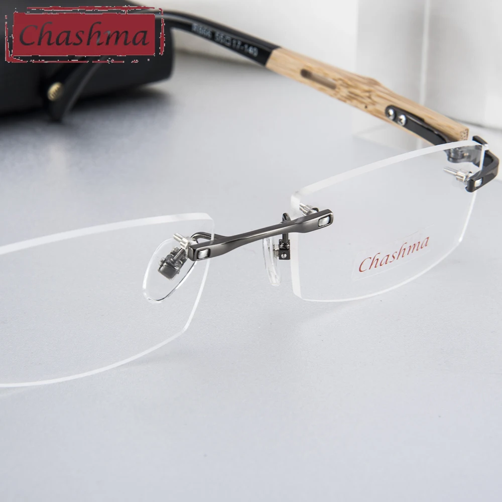 Chashma Brand Pure Titanium Frame Bamboo Wood Prescription Glasses RX Men Rimless Wooden Eyeglasses