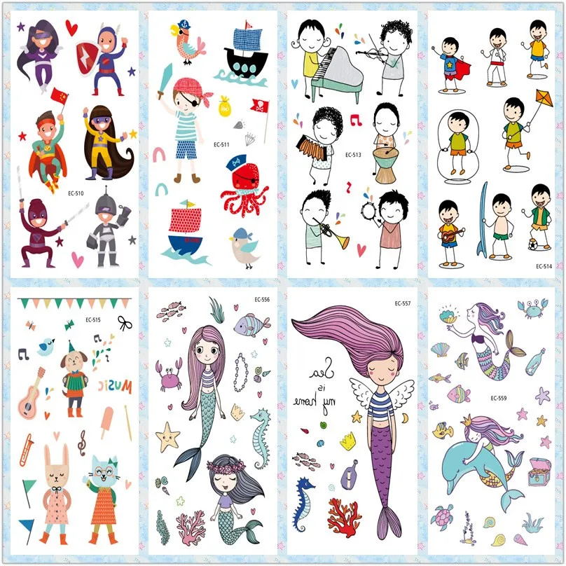 Rocooart Cartoon Mermaid Tattoo Sticker Music Boys Girls Fake Tattoo Body Art Temporary Tattoo Stickers Super Hero Taty Tatouage