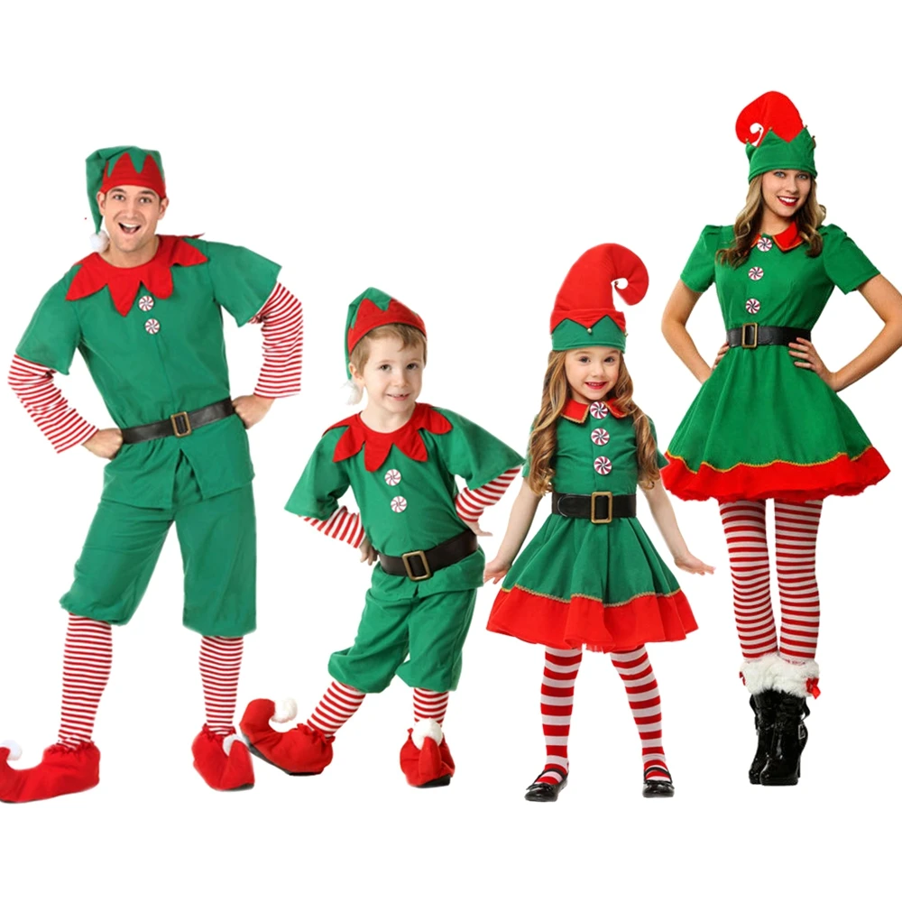 Natal Santa Claus Green Elf Cosplay Traje, Festa de Carnaval Familiar, Ano Novo, Vestido extravagante, Conjunto de roupas, Homens, Mulheres, Meninas, Meninos