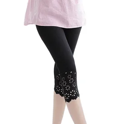 Leggings casual feminino, calça de verão de malha de algodão com flor, de cor sólida, midi, calças esticadas para trabalho de meninas