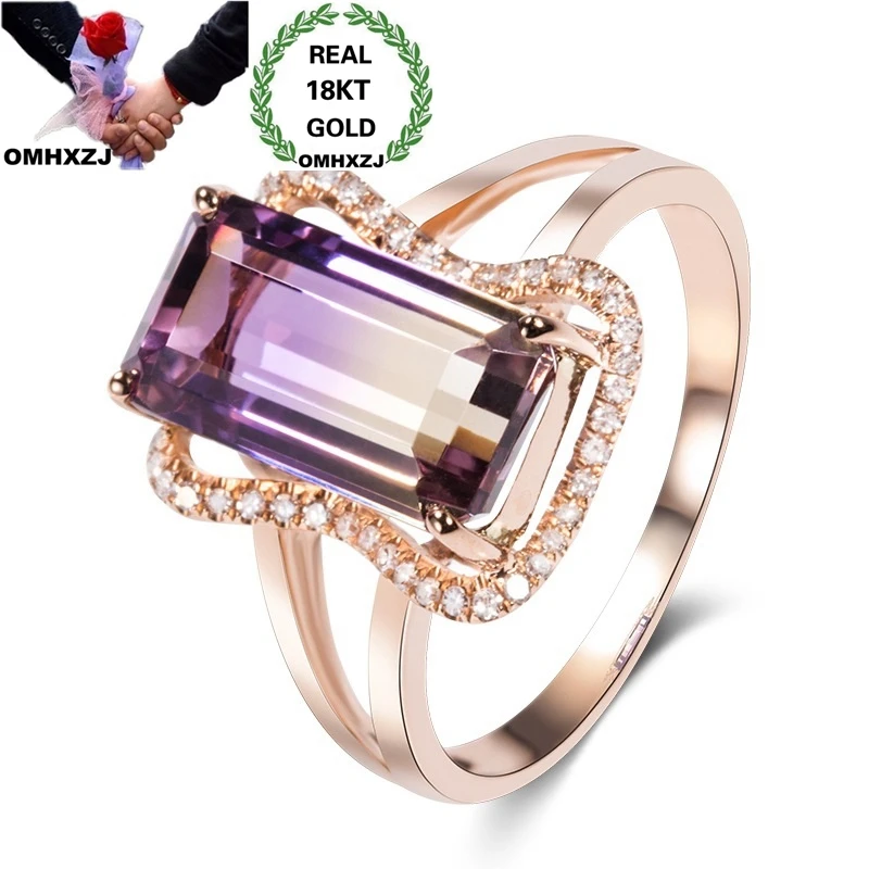 

OMHXZJ Wholesale European Fashion Woman Girl Party Birthday Wedding Gift Rectangle Ametrine AAA Zircon 18KT Rose Gold Ring RR985