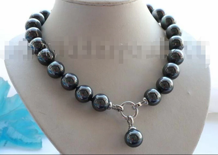 

18" Natural 14mm Black Round Shell Pearl Necklace Pendant Noble style Natural Fine jewery