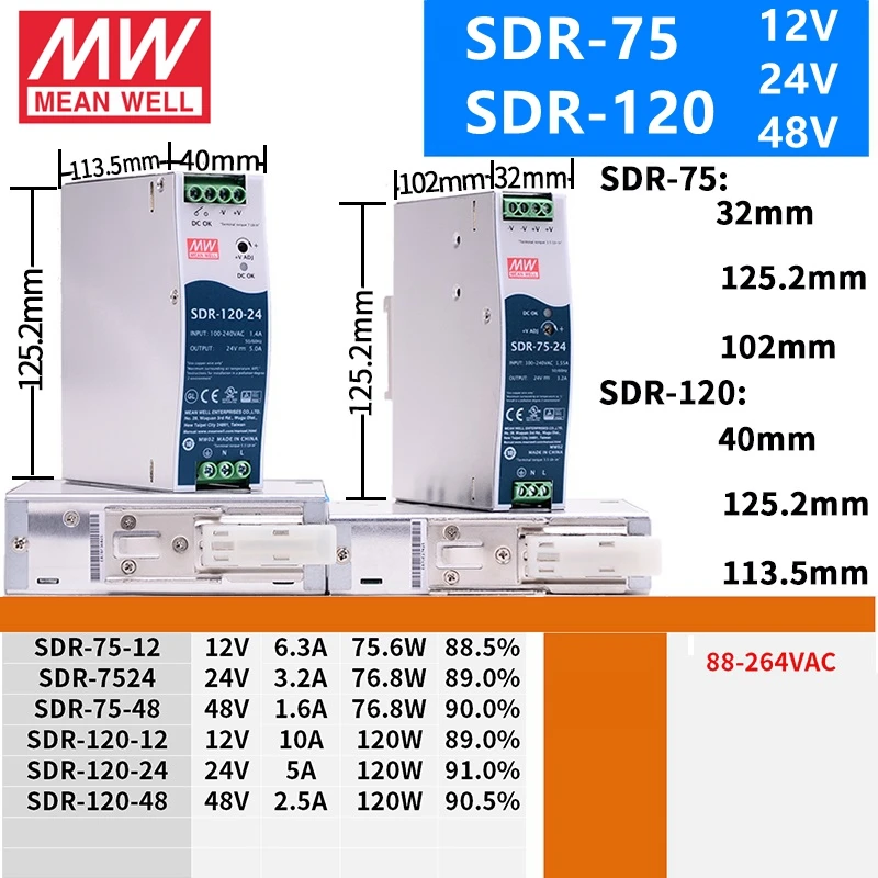 MEAN WELL 100%-NEW SDR-75-24 SDR-75-12 SDR-120-24 SDR-120-12 SDR-240-24 SDR-240-12 SDR-480-24 12V 24V 48V Power Supply