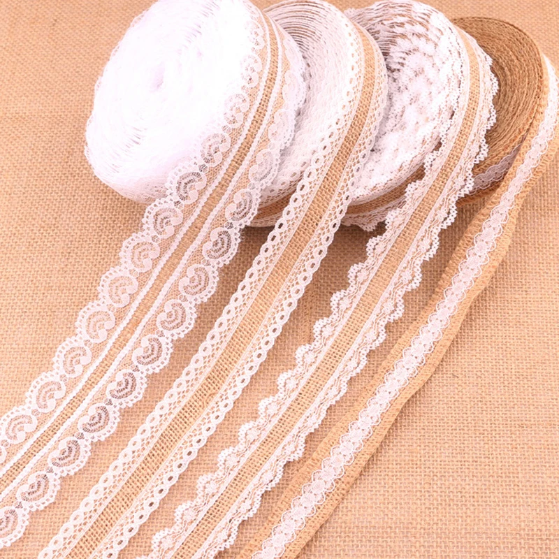 2 Meters/Lot 25mm Natural Jute Burlap Ribbon With Lace Diy Wedding Ribbon Decoration Accessories Festival Supplies Party Crafts