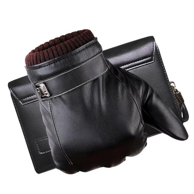 

Autumn Winter Lovers PU Leather Thickened Touch Screen Warm Full Fingers Windproof Driving Coral Fleece Glove Mittens Black G120