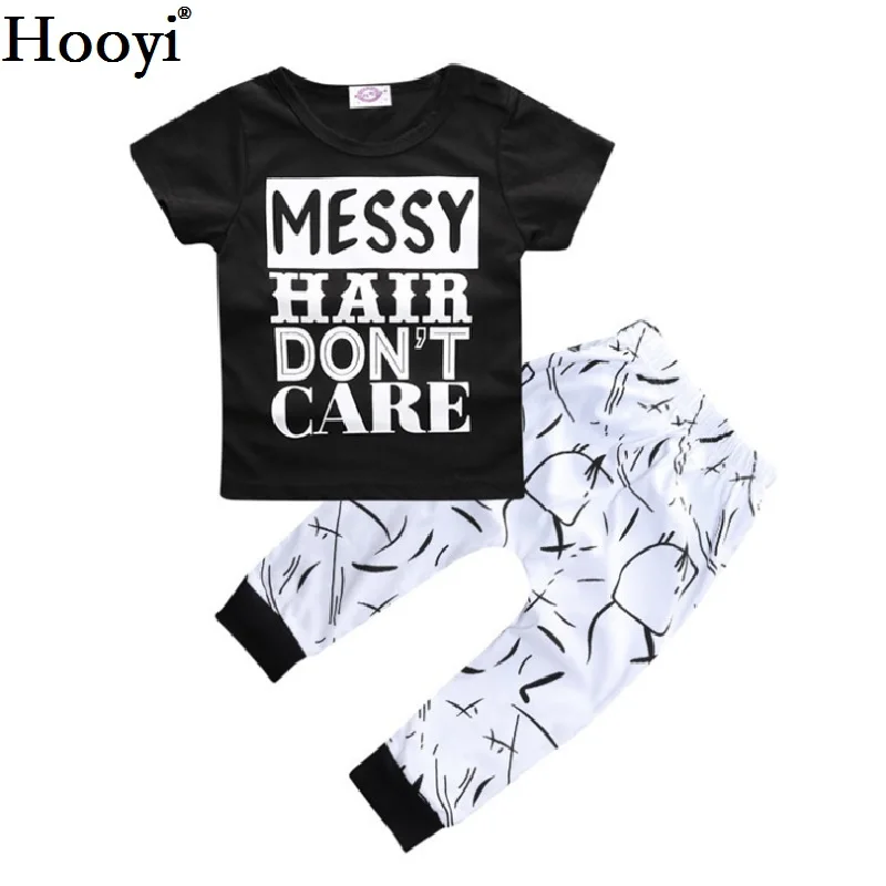 Hooyi Summer Baby Girls Clothes Set  Children Black T-Shirt White Pant Suit Messy Hair Don't Care Kids Outfit 100% Cotton Tops