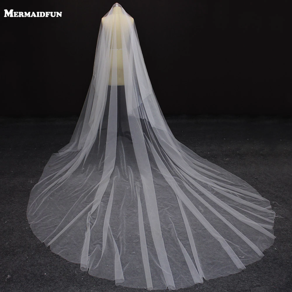 Real Photos New One layer 4 Meters Long Plain Tulle Wedding Veil WITHOUT Comb Beautiful White Ivory Bridal Veil