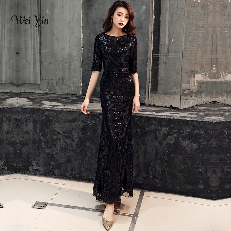 

weiyin 2023 Sexy Black Sequined Evening Dresses Half Sleeves Mermaid Long Party Gown Vestido De Festa Longo WY1132