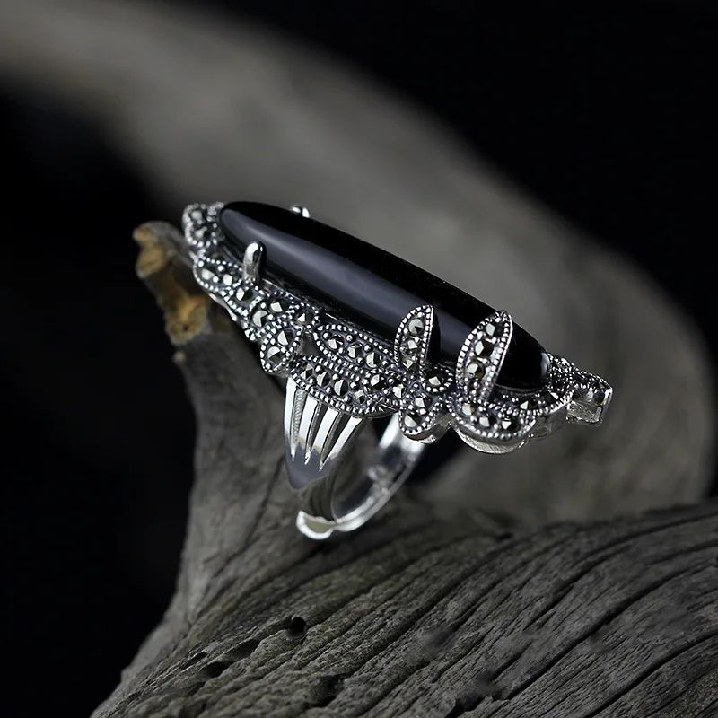 KJJEAXCMY S925 Silver Inlaid Black Onyx  Ring Female Models Glossy  Wild