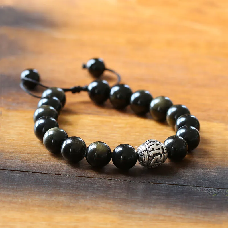 Golden Obsidian Beads Tibetan Silver OM Mantra Charm Buddhist Tibetan Anti Evil Size Adjustable Artisan Crafted Bracelet Men