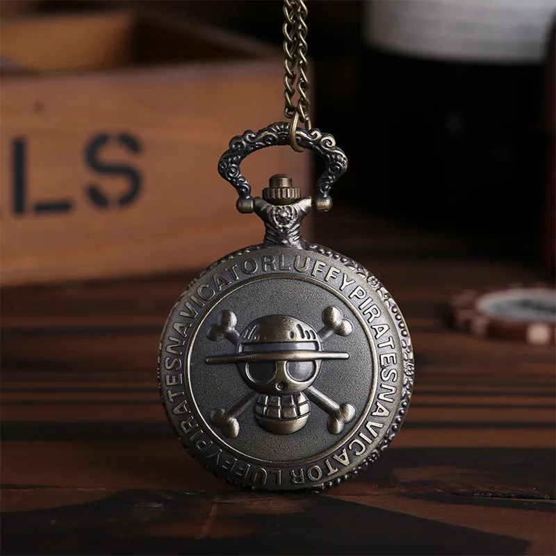 Montre de Poche à Motif de Dessin Animé One Piece, Accessoire en Bronze avec Crâne de Pirates en Relief, Rétro, Vente en Gros et au Détail