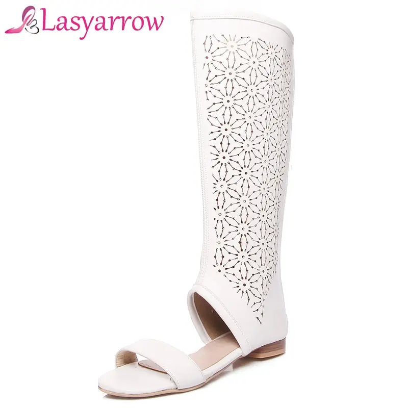 Lasyarrow Women Brand Fashion PU Leather Hollow Out Open Toe Flat Heels Summer Sandals Boots Gladiator Women Sandals Zipper Sexy