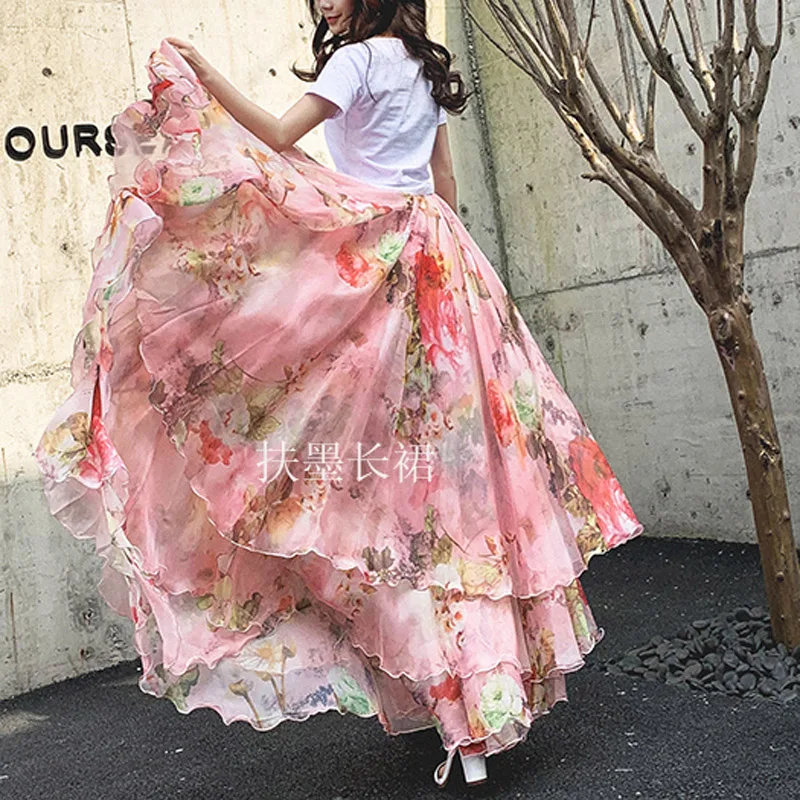 Bohemia Fashion Sweet Cute Holiday Pink Floral Chiffon Long Maxi Female Skirt Summer Designs Plus Size Faldas Largas Elegantes