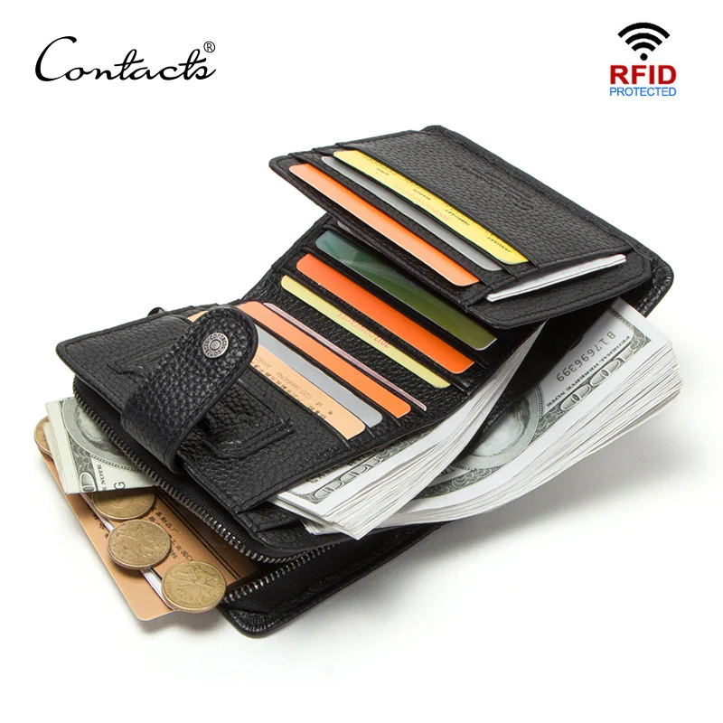 

CONTACT'S 100% genuine leather RFID blocking men wallet short wallets coin purse male small hasp walet card holders man cuzdan