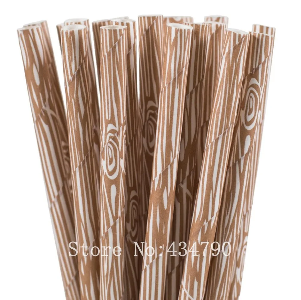 200 Pcs Woodgrain Paper Straws Bulk-Rustic Wood Grain Woodland Patterned Birthday Wedding Forest Camping Party Drinking Straws