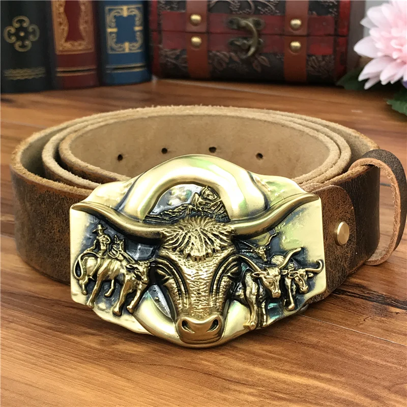 Bull Belt Buckles For Men Leather Belt Jeans Belt Men Ceinture Homme Riem Male Strap Yellow Belt Male Strap Riem MBT0557