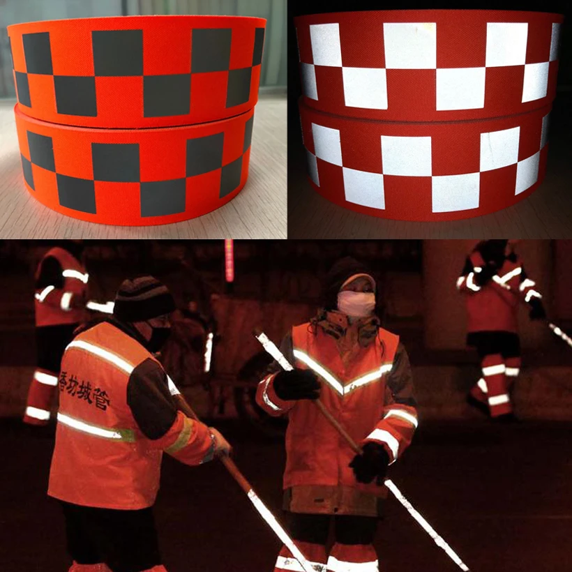 Roadstar Reflective Oxford Webbing Fluorescent Yellow/Fluorescent Orange Warning Tape with Small Square for Safety Clothes